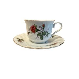 Lynns Fine China Tea Cup and Saucer Set Rose Floral Gold Trim